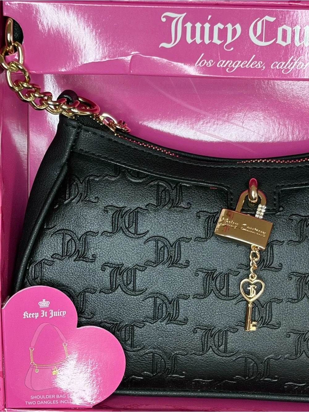 Juicy Couture Black Embossed Logo Shoulder Bag with Gold Chain & Key Charms